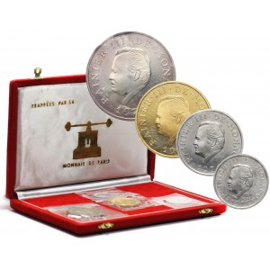 Monako, Rainier III, zestaw 4 monet z 1974 roku, Złoto, platyna i srebro