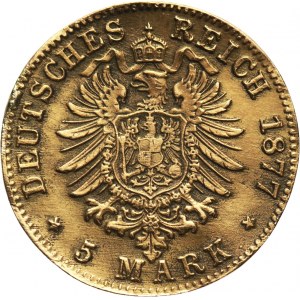 Germany, Wurttemberg, Karl I, 5 Mark 1877 E, Dresden