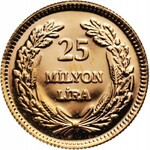 Turcja, zestaw trzech monet z 1998 roku, 75-lecie Republiki Tureckiej, stempel lustrzany