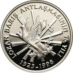 Turcja, zestaw trzech monet z 1998 roku, 75-lecie Republiki Tureckiej, stempel lustrzany