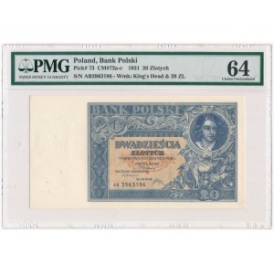 20 złotych 1931 - AB - PMG 64 - rzadka odmiana