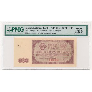 5 złotych 1948 -A 000000- PMG 55 - PRÓBA - RZADKOŚĆ