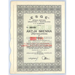 ESGE Spółka Akcyjna Gruntowa i Budowlana, 100 złotych 1927 - Akcja imienna - uprzywilejowana