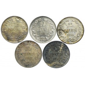 Finlandia, zestaw 25 pennia 1913-1917 (5szt.)