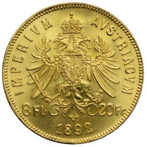 Austria, Franciszek Józef, 8 florenów=20 franków 1892, Wiedeń