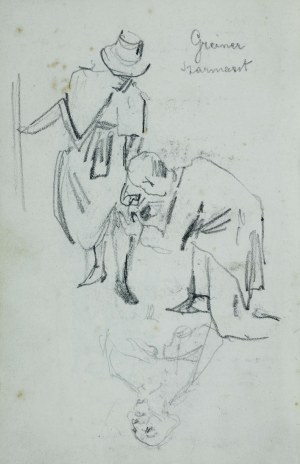 Stanisław Kaczor Batowski (1866-1946), U krawca (?) - Kobieta pochylająca się i klęczący przy niej mężczyzna trzymający rąbek jej sukienki oraz Szkic popiersia duchownego