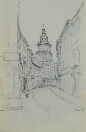 Józef Pieniążek (1888-1953), Ulica w Krakowie z widokiem na wieżę ratuszową, 1920