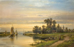 Lodewijk Johannes Kleijn (1817 Loosduinen - 1897 Haga), Letni pejzaż z żaglówkami na rzece