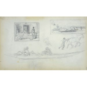Stanisław Chlebowski (1835-1884), Szkice obrazów w miniaturze - scena rodzajowa i pejzaż z łodzią na rzece oraz łodzi z postaciami