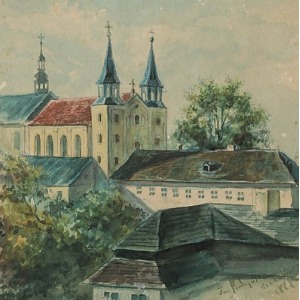 Malarz nieokreślony (XIX/XX w.), Widok na kościół Matki Bożej Piaskowej (karmelitów) w Krakowie od strony południowo-wschodniej, 1888