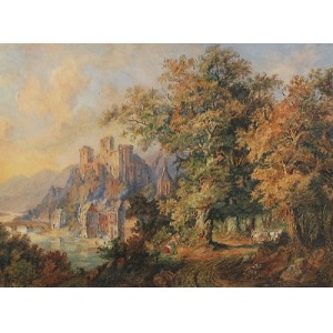 Malarz nieokreślony, niemiecki, XIX w., Pejzaż romantyczny z zamkiem
