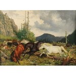 Józef JAROSZYŃSKI (1835-1900), Pejzaż z końmi uciekającymi przed niedźwiedziem