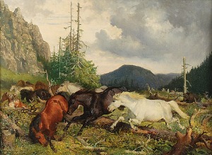 Józef JAROSZYŃSKI (1835-1900), Pejzaż z końmi uciekającymi przed niedźwiedziem