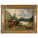 Józef JAROSZYŃSKI (1835-1900), Pejzaż z końmi uciekającymi przed niedźwiedziem