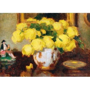 Alfons KARPIŃSKI (1875-1961), Żółte róże w wazonie z porcelanową figurką