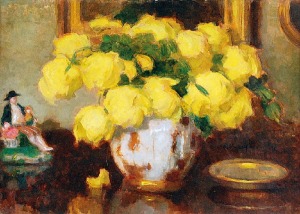 Alfons KARPIŃSKI (1875-1961), Żółte róże w wazonie z porcelanową figurką