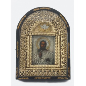 Ikona - Chrystus Pantokrator, w okładzie i kiocie