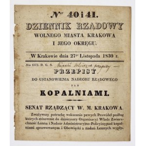 DZIENNIK Rządowy Wolnego Miasta Krakowa i jego okręgu. Kraków. 8. brosz. Nr 40/41: 27 XI 1830. s. [157]-164...