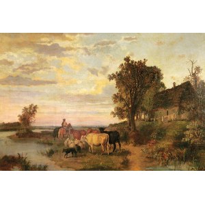 MALARZ NIEOKREŚLONY, XIX w., Pejzaż z jeźdźcem i krowami