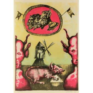 Jan LEBENSTEIN (1930-1999), Konstrukcja pierwszego wiatraka: świnie się nie przejmują; z cyklu „Folwark zwierzęcy”, 1974