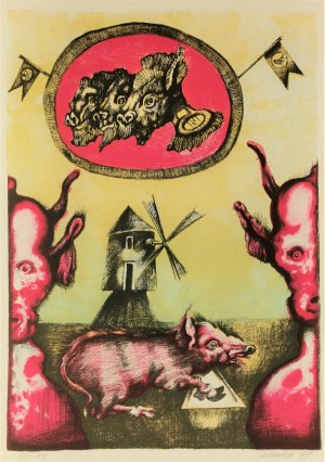 Jan LEBENSTEIN (1930-1999), Konstrukcja pierwszego wiatraka: świnie się nie przejmują; z cyklu „Folwark zwierzęcy”, 1974