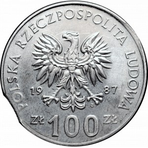 PRL, 100 złotych 1987 Kazimierz Wielki - destrukt końcówka blachy