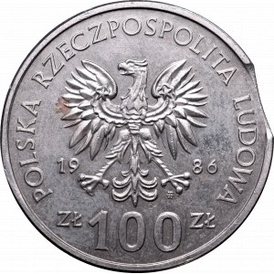PRL, 100 złotych 1986 Władysław Łokietek - destrukt końcówka blachy