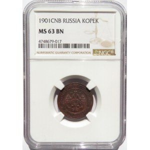 Rosja, Mikołaj II, 1 kopiejka 1901 S.P.B., Petersburg, NGC MS63BN