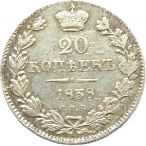 Rosja, Mikołaj I, 20 kopiejek 1838 HG, Petersburg, ładne