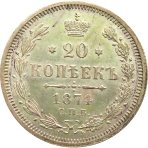 Rosja, Aleksander II, 20 kopiejek 1874 HI, Petersburg, UNC