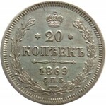 Rosja, Aleksander II, 20 kopiejek 1869 HI, Petersburg, ładne