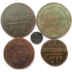 Rosja, lot miedzianych kopiejek, od Elżbiety II do Mikołaja II, 5 sztuk, różne nominały