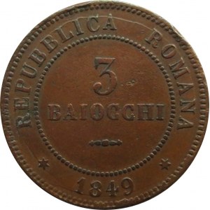 Watykan, Republika Rzymska, 3 baiocchi 1849 R, Rzym, rzadkie