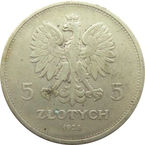 Polska, II RP, 5 złotych 1928 Nike, Warszawa, odmiana ze znakiem mennicy