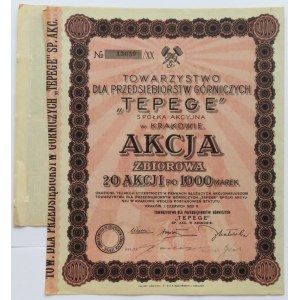 Polska, Akcja Towarzystwo dla Przedsiębiorstw Górniczych TEPEGE w Krakowie 20 akcji po 1000 marek polskich 1923