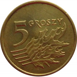 Polska, III RP, destrukt-odwrotka, 5 groszy 2000 o 90 stopni w prawo