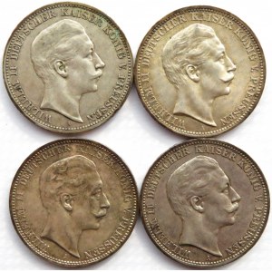 Niemcy, Prusy, Wilhelm II, lot monet 3 marki 1908-1912 A, Berlin, ładne
