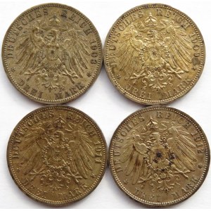 Niemcy, Prusy, Wilhelm II, lot monet 3 marki 1908-1912 A, Berlin, ładne