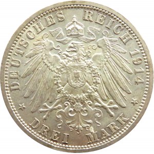 Niemcy, Prusy, Wilhelm II, 3 marki 1914 A, Berlin, UNC