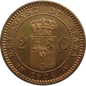 Hiszpania, Alfonso XIII, 2 centimos 1904, PIĘKNE, UNC