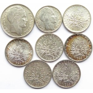 Francja, lot 8 srebrnych monet 1933-1966 w pięknych stanach