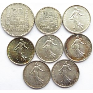 Francja, lot 8 srebrnych monet 1933-1966 w pięknych stanach