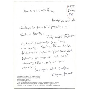 [HERBERT Zbigniew]. Odręczny list Zbigniewa Herberta do Tadeusza Szymy, zapewne z późnych lat 80., dat
