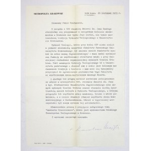 [WOJTYŁA Karol] Maszynopisowy list kardynała Karola Wojtyły z jego odręcznym podpisem do niewymienionego z nazwiska prof. Jerzego Gieruli, dat. 20 XI 1973 w Krakowie.