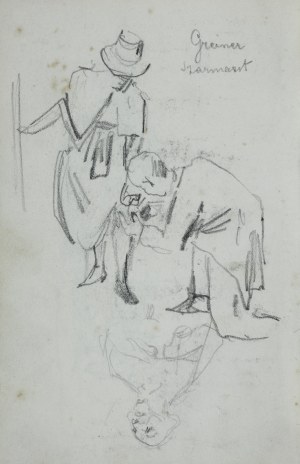 Stanisław Kaczor Batowski (1866-1946), U krawca (?) - Kobieta pochylająca się i klęczący przy niej mężczyzna trzymający rąbek jej sukienki oraz Szkic popiersia duchownego