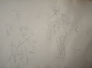 Karol Kossak (1896-1975), Szkice postaci, głów, rycerza na koniu oraz tygrysa