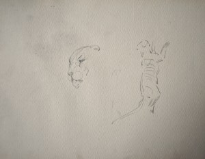 Karol Kossak (1896-1975), Szkice postaci, głów, rycerza na koniu oraz tygrysa