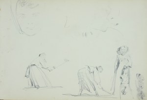 Włodzimierz Tetmajer (1861 - 1923), Kobiety pracujące w polu, kobieta na spacerze oraz szkice domowego twarzy dziewczęcej, ok. 1900 ołówek, karton; 15,6 x 23,2 cm;