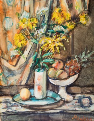 Zygmunt Józef Menkes (1896 Lwów – 1986 Riverdale) Martwa natura z kwiatami, brzoskwiniami i ananasem