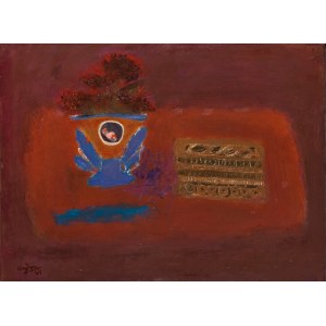 Henryk Hayden (1883 Warszawa - 1970 Paryż) Martwa natura z niebieskim wazonem i pudełkiem krawieckim, 1964 r.
